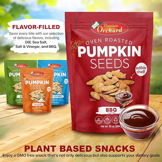 PREMIUM ORCHARD Flavored Pumpkin Seeds Oven Roasted | BBQ | High Protein Snacks for Kids and Adults