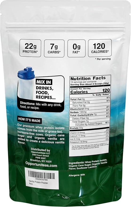 Opportuniteas Grass Fed Vanilla Whey Protein Isolate Powder - 22g Protein Powder Without Artificial