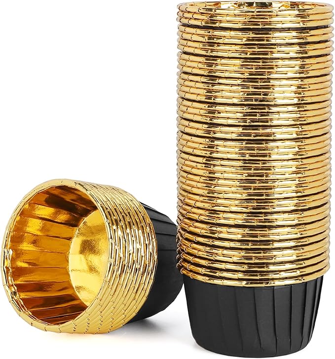 EUSOAR Foil Cupcake Liners, 3.5oz 50pcs Black Gold Disposable Mini Muffin Liners, Individual