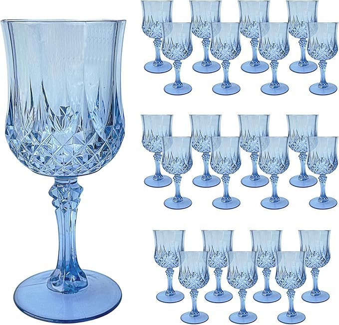 24 PCS Blue Plastic Wine Glasses,Reusable Plastic Wine Glasses,Blue Goblet Glass,Durable and Sturdy