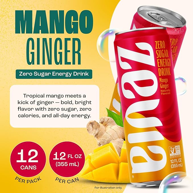 Zevia Zero Sugar Energy Drink, Mango Ginger, 12 oz Cans (12-Pack) – Naturally Sweetened, Zero