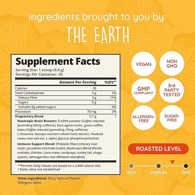 Mushroom Coffee with 125mg Caffeine ??Lion?™s Mane, Cordyceps, Reishi & Chaga | Adaptogen Nootropic