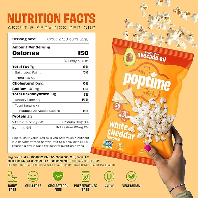 Poptime White Cheddar Popcorn Snack Bags ??Gourmet Popcorn Bags, Healthy Snack With Heart-Healthy