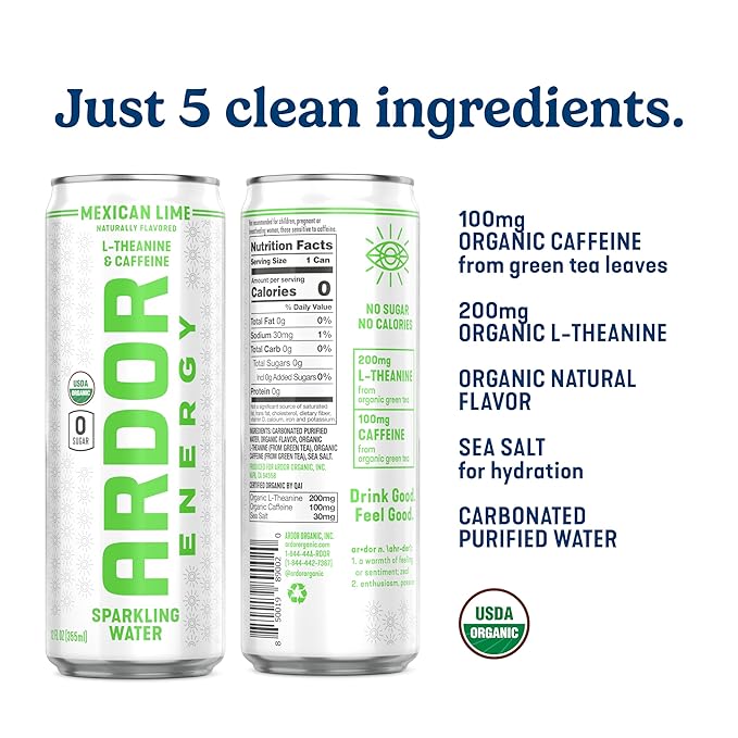 ARDOR Sparkling Water with 100mg Natural Caffeine & 200mg L-Theanine from Organic Green Tea for