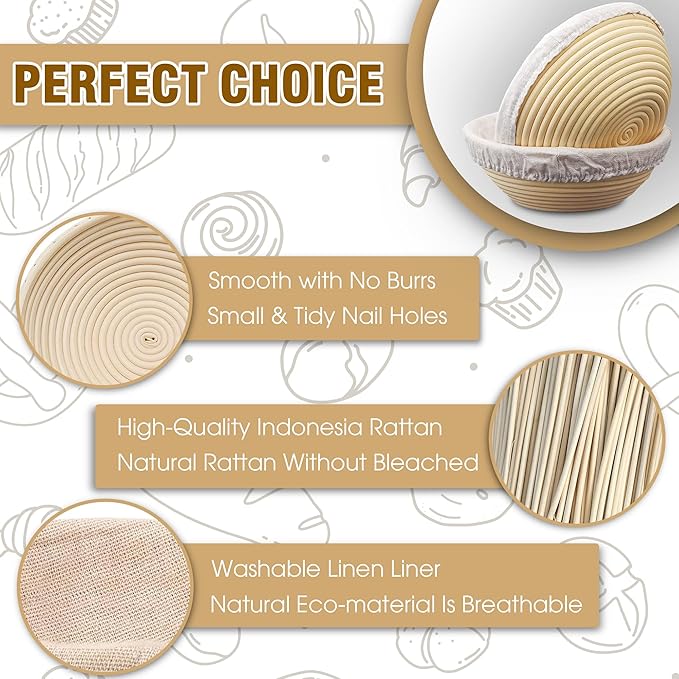 Banneton Bread Proofing Basket Set of 2, 9 Inch Round Sourdough Basket with Liners, Handmade Rattan
