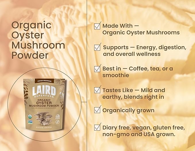 Laird Superfood Organic Oyster Mushroom Powder for Immune and Digestive Support, 3.17 oz. Bag, Pack