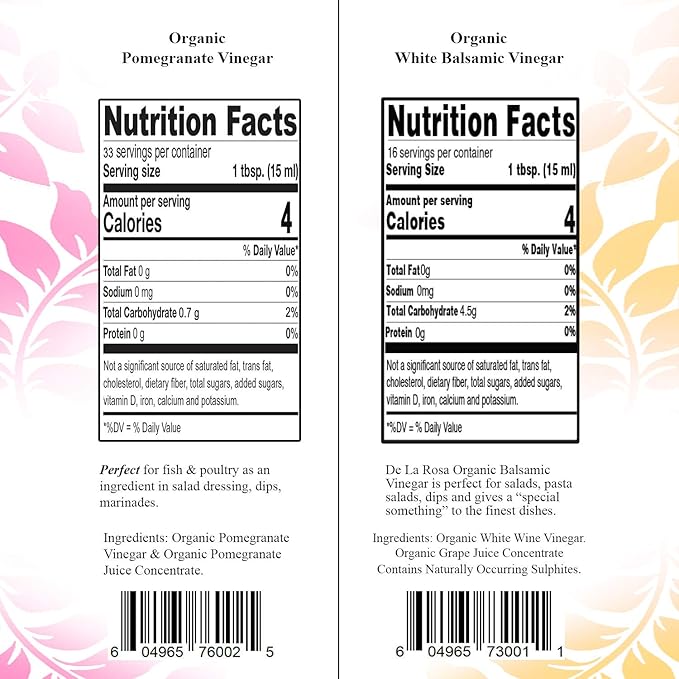 De La Rosa Organic Pomegranate and White Balsamic Vinegar, Vegan, Kosher, Non-GMO & Gluten Free