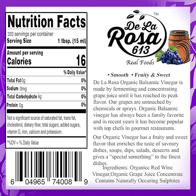 De La Rosa Organic Dark Balsamic Vinegar, Fruity & Juicy, Vegan, Kosher, Non-GMO & Gluten Free