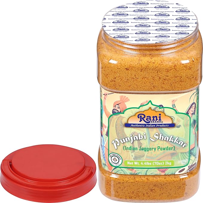 Rani Punjabi Shakkar (Gur Jaggery Powder) Indian Unrefined Raw Cane Sugar 70oz (4.4lbs) 2kg PET Jar