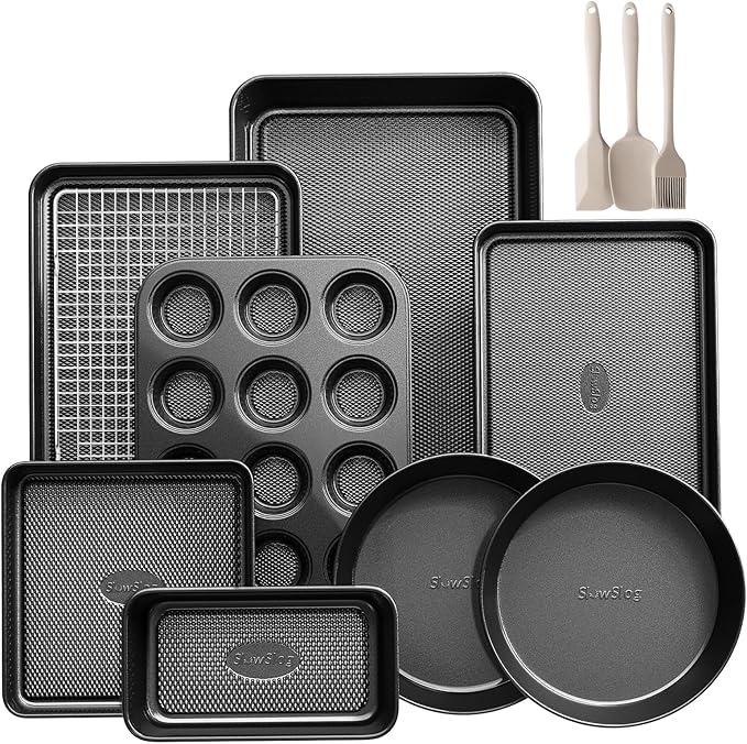 12-Piece Nonstick Bakeware Set, Stackable Non Toxic Baking Pans Set with Rack & Kitchen Utensils