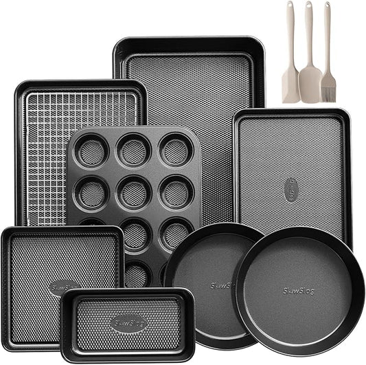 12-Piece Nonstick Bakeware Set, Stackable Non Toxic Baking Pans Set with Rack & Kitchen Utensils