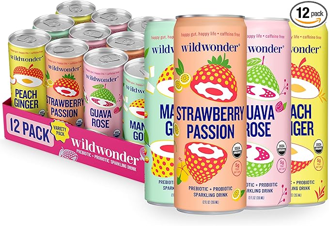 wildwonder Sparkling Probiotic Drink 12pk, For Gut Health & Immune Support, Classic Variety Pack