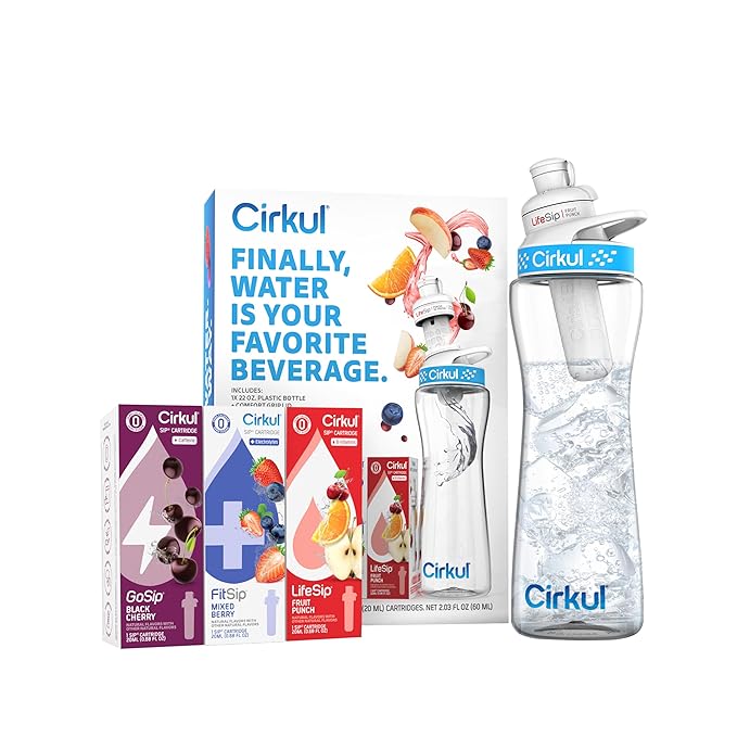 Cirkul 22oz. BPA-Free Plastic Water Bottle Starter Kit with Blue Lid, 3 Flavor Cartridges (1