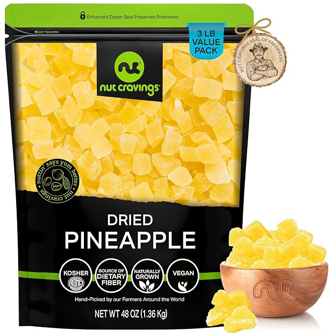 NUT CRAVINGS - Sun Dried Pineapple Chunks, Lightly Sweetened (48oz, 3 LB) Bulk Dry Fruits Packed