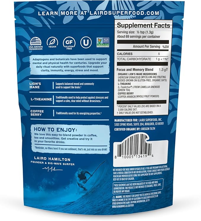 Laird Superfood Organic Focus and Memory Mushroom Blend with Lion?™s Mane, L-Theanine, and Coffee