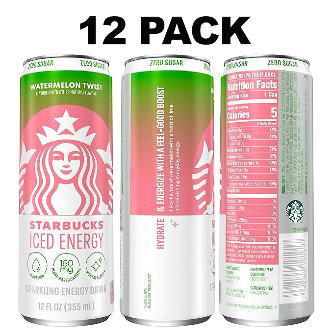 Starbucks Iced Energy Drink, Watermelon Splash, Zero Sugar Energy Drink, Plant Based Caffeine