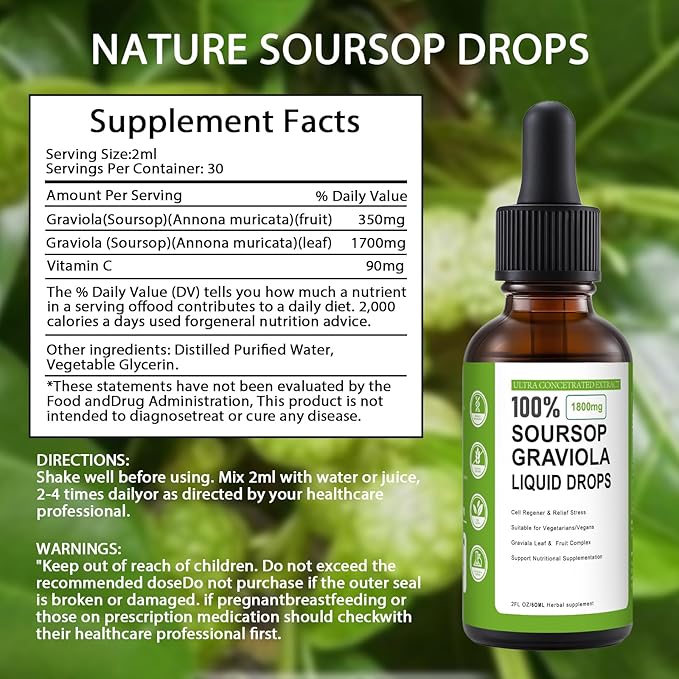 Soursop Graviola Liquid Drop, 100% Organic Pure Soursop Leaves and Fruit Extract, Soursop Bitters