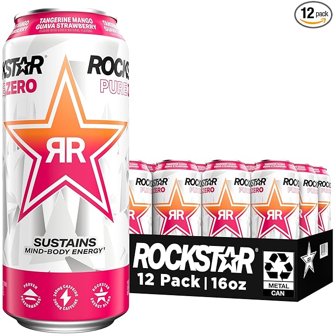 Rockstar Pure Zero Energy Drink, Tangerine Mango Guava Strawberryh, 0 Sugar, with Caffeine and