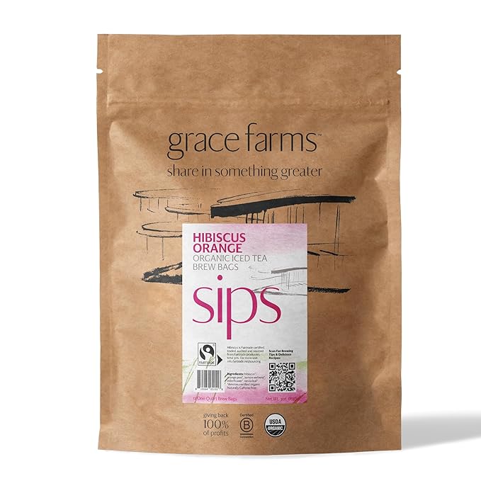 Grace Farms HIBISCUS ORANGE ORGANIC ICED TEA (Twelve 1qt. Brew Bags, 3 Gallons) | Refreshing, Tart