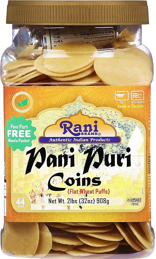 Rani Pani Puri Coins (Uncooked, Microwaveable Wheat Semolina Coins) 32oz (2lbs) 908g w/Pani Puri
