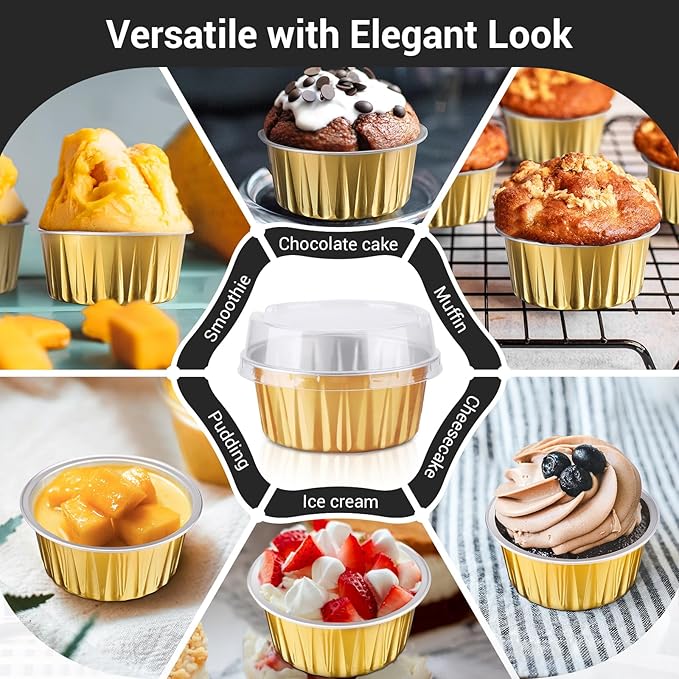 EUSOAR Disposable Ramekins Aluminum Foil, Gold 25Packs 5oz Baking Cups with Lids Mini Muffin