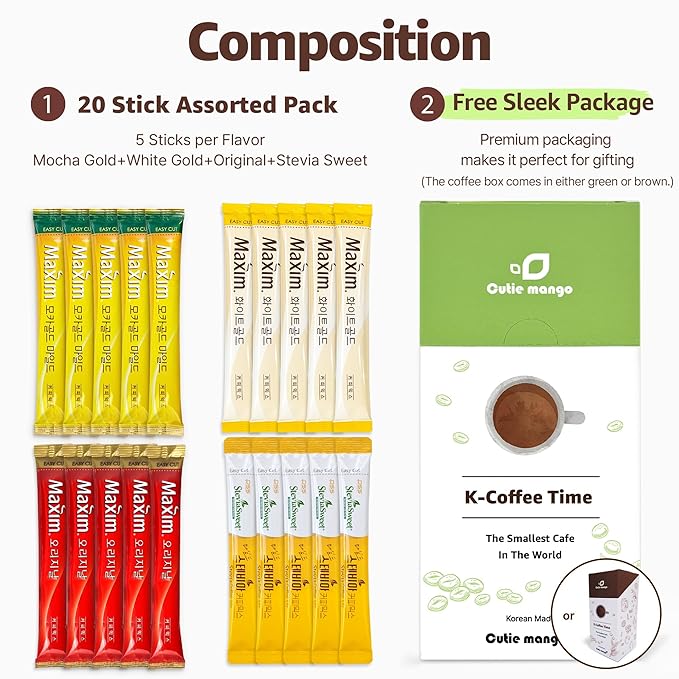 CUTIE MANGO Maxim & Stevia Variety 20 Sticks Premium Korean Instant Coffee Sampler White Mocha