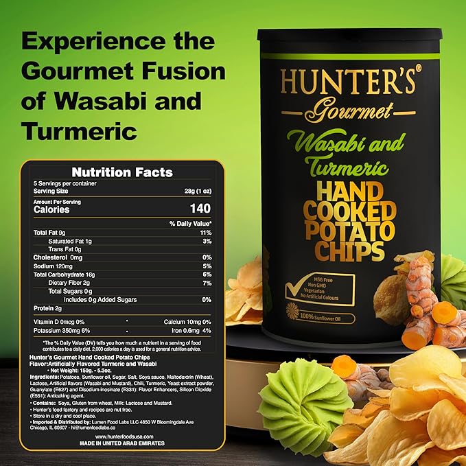 Hunter's Gourmet Hand-Cut Chips | No Trans Fat | Made with 100% Sunflower Oil | Wasabi & Turmeric