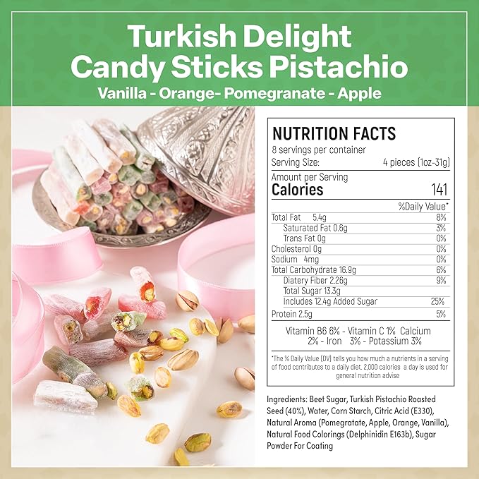 Eastanbul Turkish Delight, 8.8oz, Turkish Delights Candy Sticks Pistachio Filled w/ 4 Flavors: