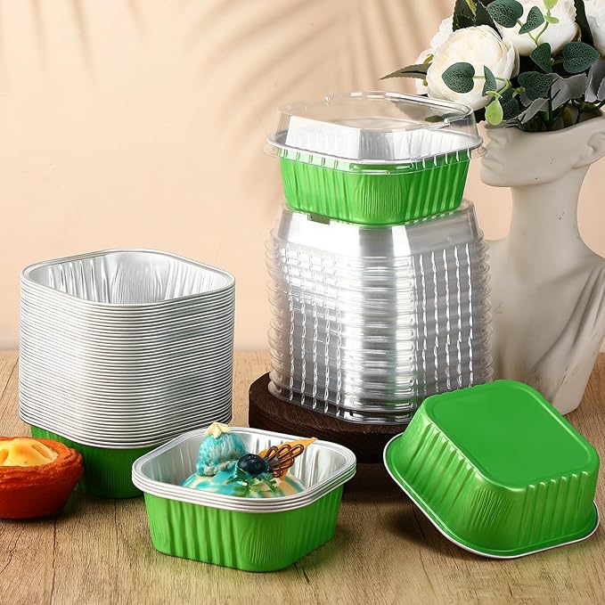 Aoriher 300 Pieces 10 oz Mini Cake Pans with Lids, Aluminum Foil Baking Cups, Square Disposable