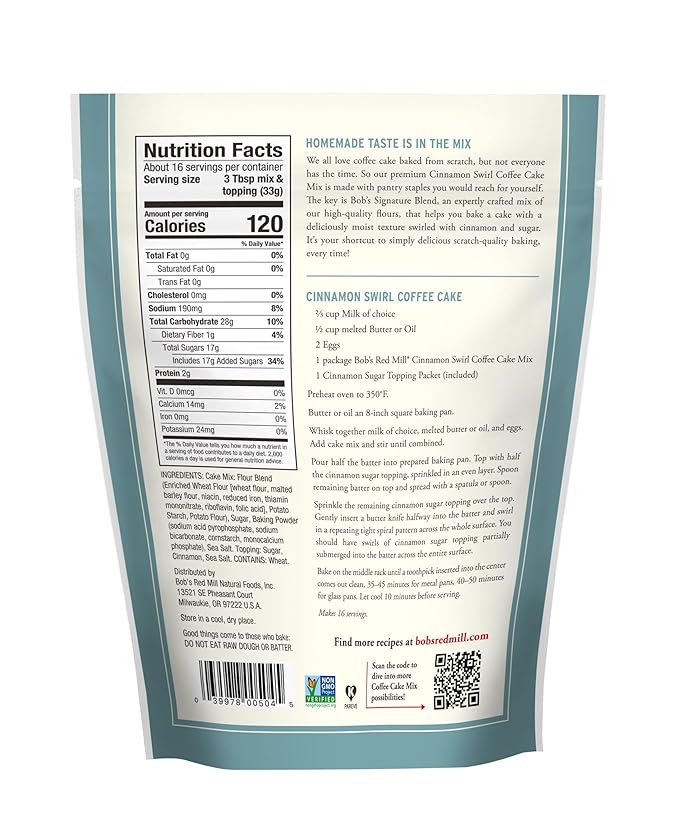 Bob's Red Mill Cinnamon Swirl Coffee Cake Baking Mix - 18.5 oz Bag (Pack of 1), Simple Clean