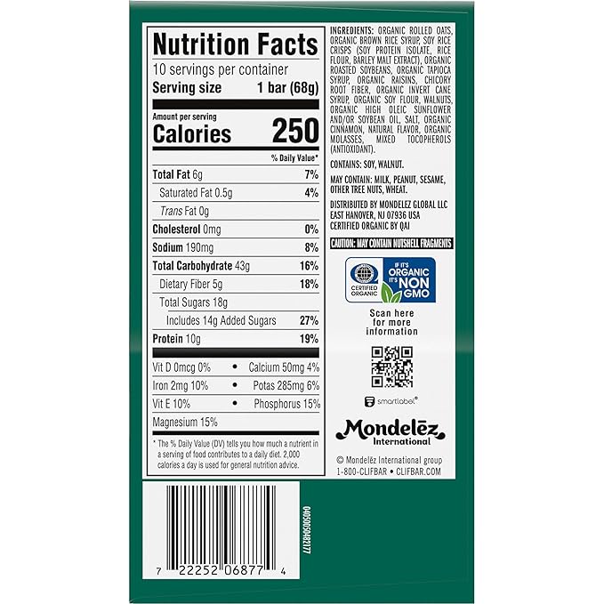 CLIF BAR - Oatmeal Raisin Walnut - Made with Organic Oats - Energy Bars - Non-GMO - Plant Based
