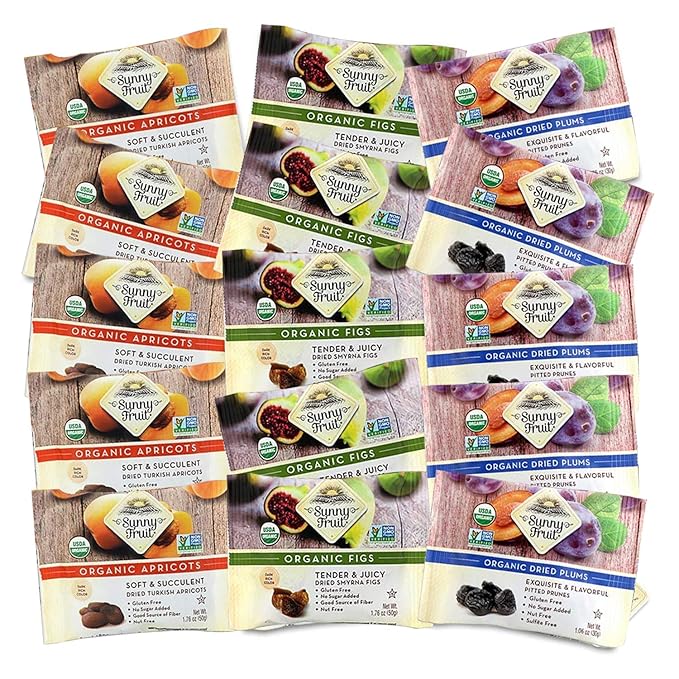 Sunny Fruit Organic Dried Fruit Assortment - Prunes, Figs & Apricots Variety, 3 Bags (15 Individual