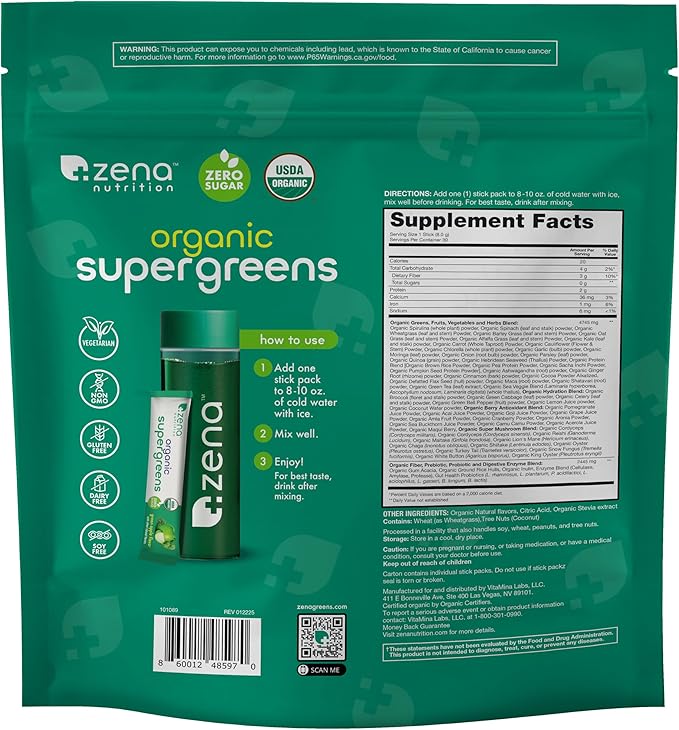 Zena Nutrition Organic Super Greens Powder, 70+ Superfoods, 0 Sugar, 3G Fiber, Spirulina