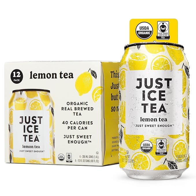 Just Ice Tea, Lemon Flavored Black Iced Tea, 12-Pack (12oz Cans), USDA Certified Organic, Real