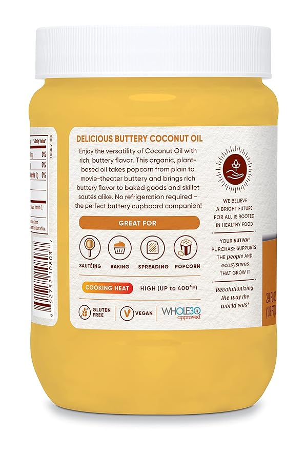 Nutiva Organic Butter Flavored Coconut Oil for Popcorn, Cooking and Baking. 29 Fl Oz - USDA Organic