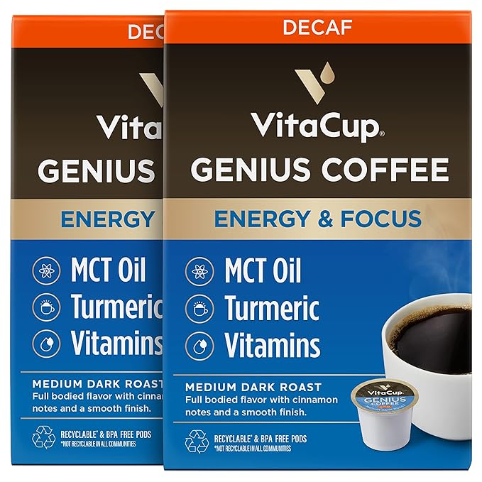 Decaf Genius Keto Coffee Pods with MCT Oil, Turmeric, and B Vitamins by VitaCup for Focus in