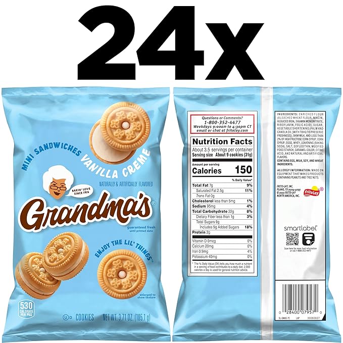 Grandma?™s Mini Cookies, Vanilla Sandwich Crème Cookies, 3.71 oz Cookie Bag, (24 Pack) (Packaging
