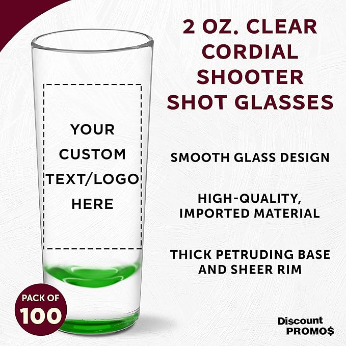 Custom Cordial Shooter Shot Glasses 2 oz. Set of 100, Personalized Bulk Pack - Great for Birthdays