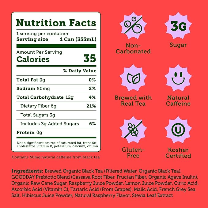 HALFDAY Prebiotic Raspberry Iced Tea Cans, Supports Digestive & Gut Health, 6g Plant Fiber &