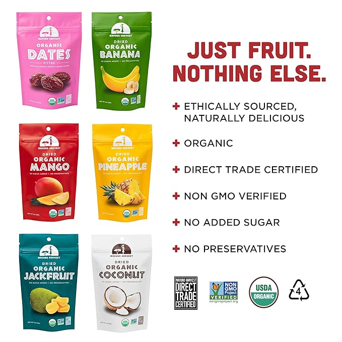 Mavuno Harvest Organic Dried Fruit Variety Pack | Dried Mango, Dates, Pineapple, Banana, Jackfruit