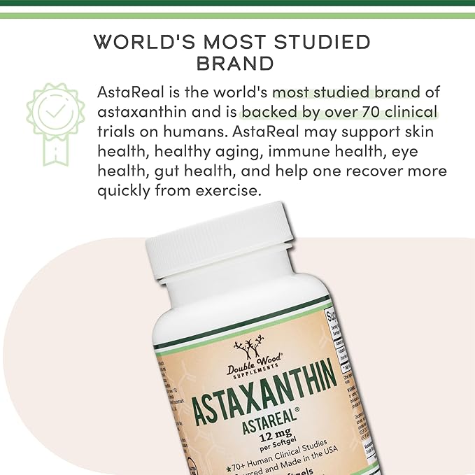 Astaxanthin 12mg Max Strength (Only Patented Astaxanthin (Astrareal) with 70+ Human Clinical Trials