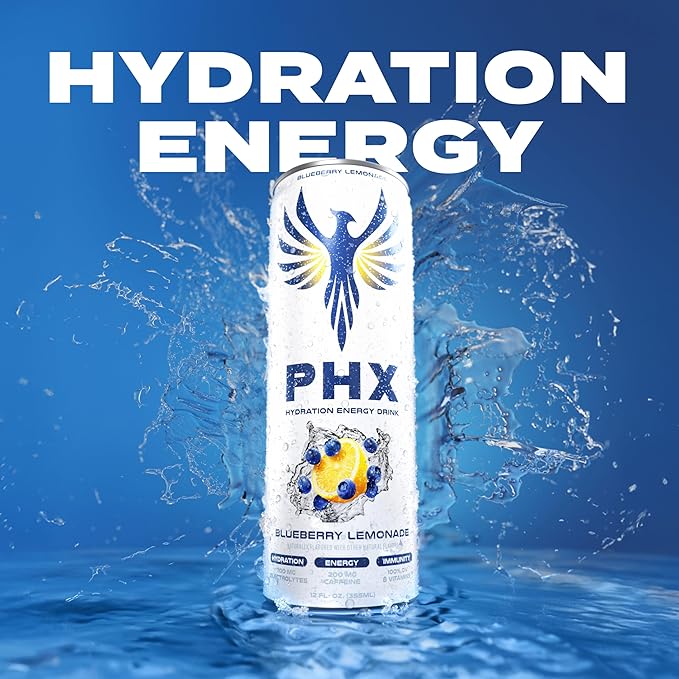 PHX Hydration Energy Drink - 700mg Electrolytes, 200mg Natural Green Tea Caffeine, 100% Daily Value