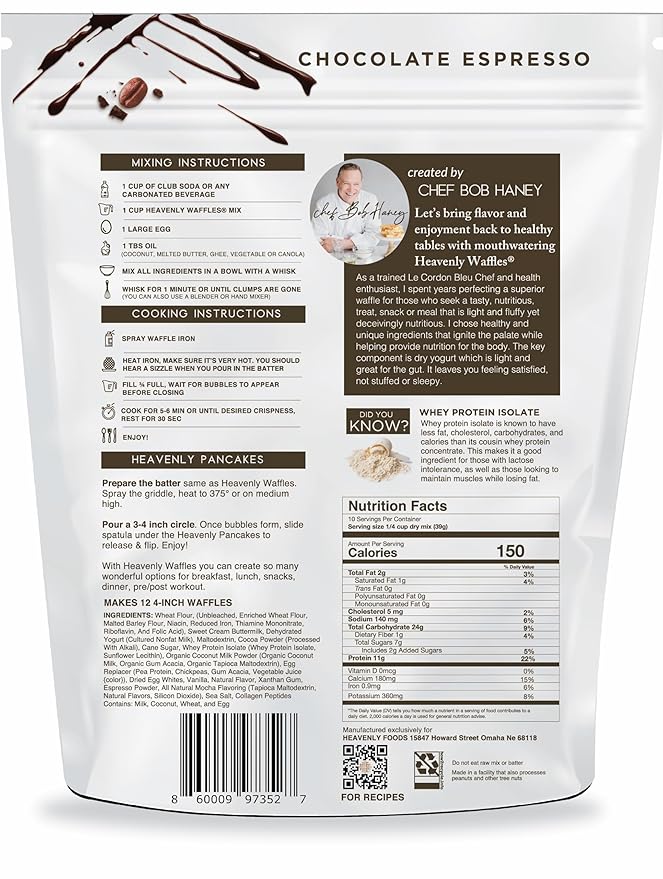 Heavenly Waffles짰 Mix, Chocolate Espresso, 11g Protein, Yogurt Based, Healthy and Nutritiously