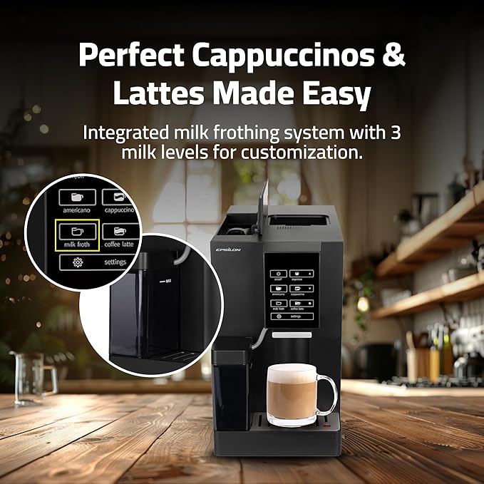 Epsilon Fully Automatic Coffee Machine with Grinder, Coffee & Espresso Maker Combo, Built-In Milk