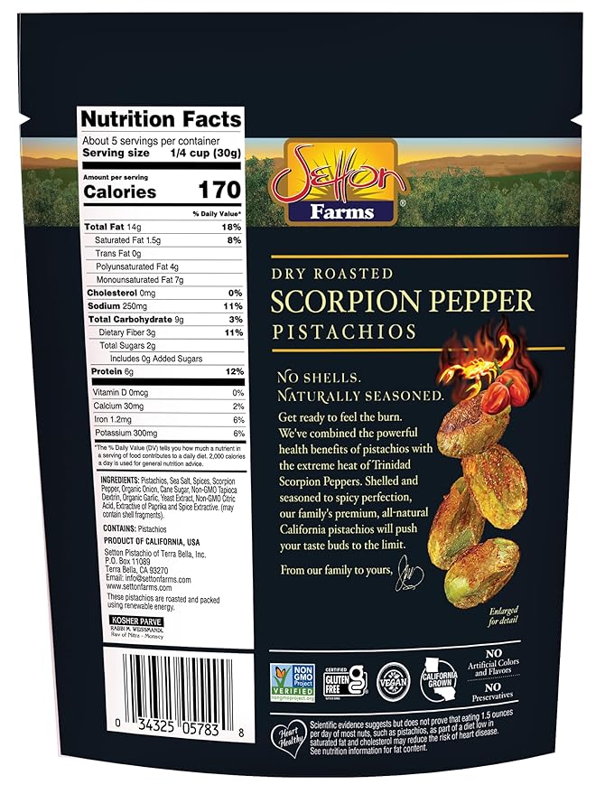 Setton Farms Pistachios, Scorpion Pepper Extreme Flavor, Naturally Seasoned, Dry Roasted No Shell