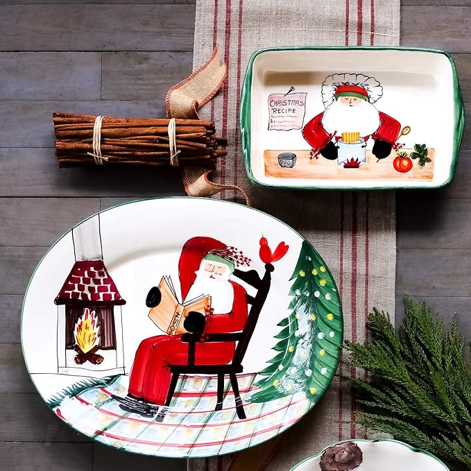 Vietri Old St. Nick Rectangular Baker with Chef, 14"L Christmas Oven Baking Dish Earthenware