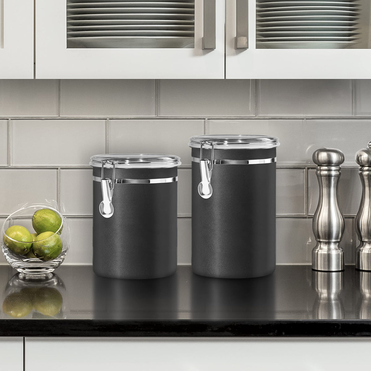 Oggi Stainless Steel Kitchen Canister 47 fl oz, Black - Airtight Clamp Lid, Clear See-Thru Top
