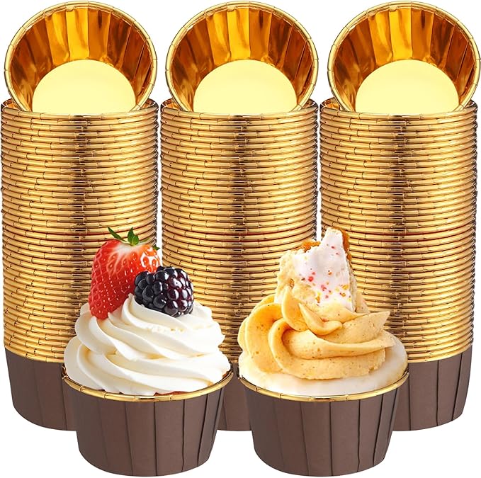 300 Pack Brown Gold Cupcake Cups Bulk Disposable Foil Muffin Liners 3.5 oz Wrappers for Baking
