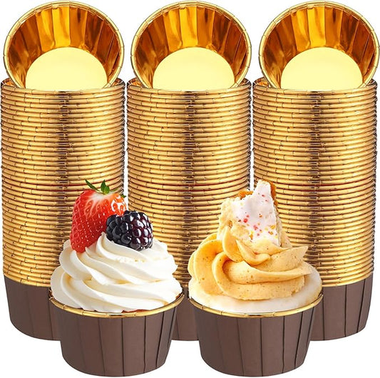 300 Pack Brown Gold Cupcake Cups Bulk Disposable Foil Muffin Liners 3.5 oz Wrappers for Baking