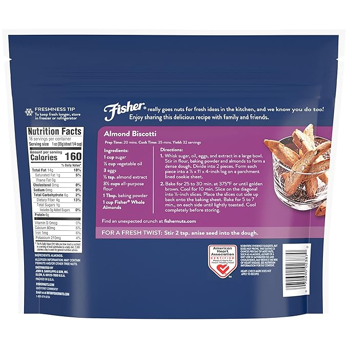 Fisher Chef's Naturals Unsalted Whole Almonds 16oz Resealable Bag, Raw Nuts Perfect for Cooking